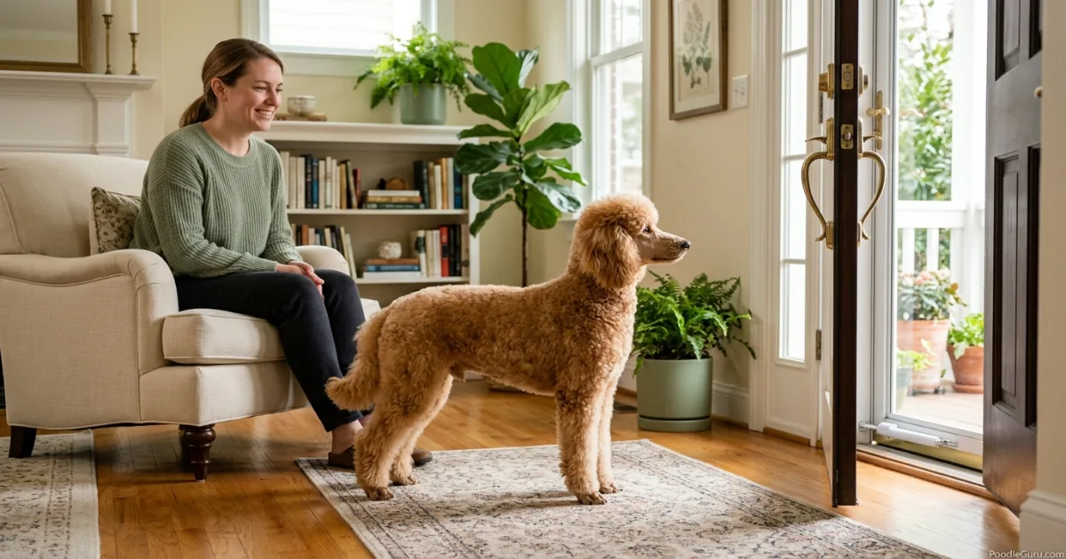 Miniature Poodle positioning itself between owner and door as protective interposing behavior