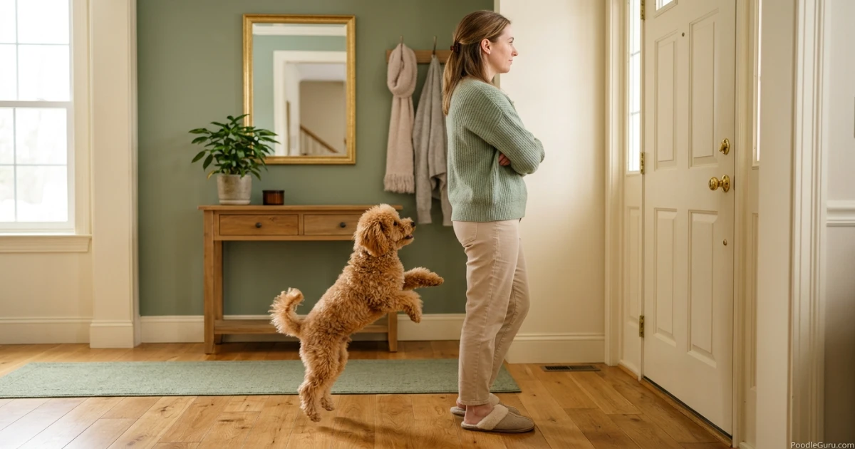 Person calmly ignoring a jumping Toy Poodle by turning away and crossing arms