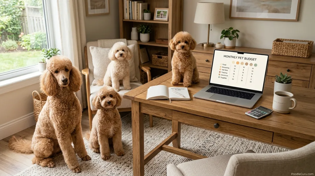 Poodle lifetime cost calculator with Toy, Miniature, Moyen and Standard Poodles in a warm home office setting