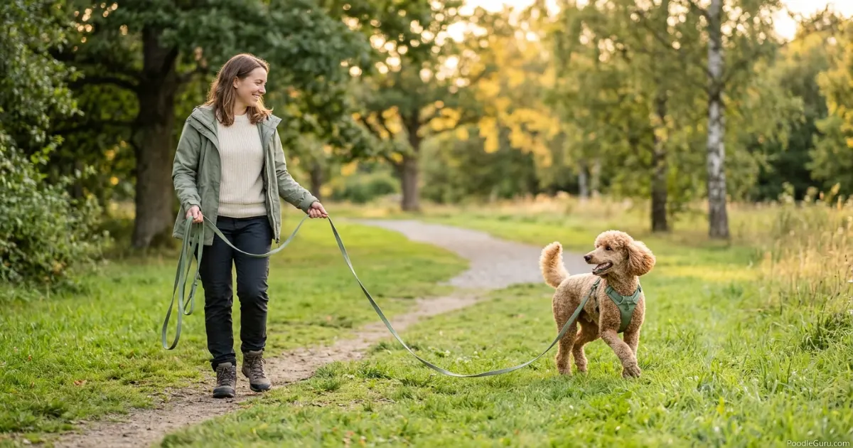Owner holding long training leash while poodle turns to return on recall cue