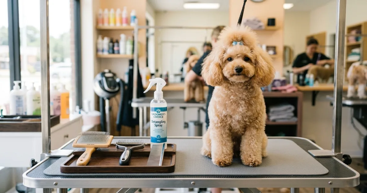 Close-up of a mat behind a poodle's ear being worked apart with a dematting comb