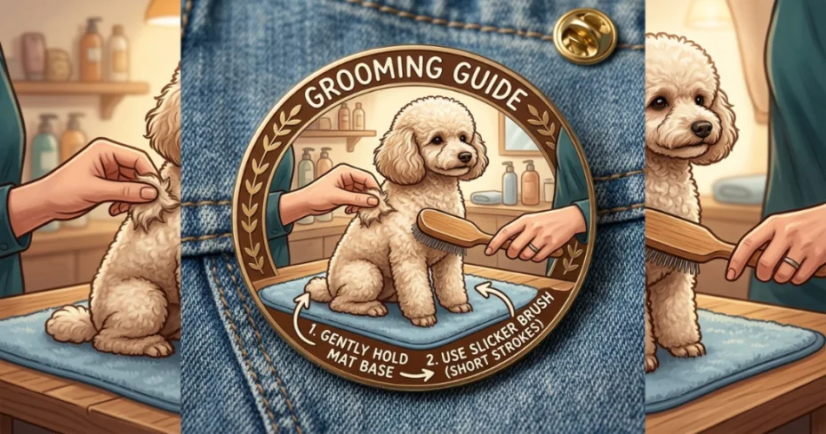 Demonstrating the base-anchoring technique during poodle mat removal with a dematting comb