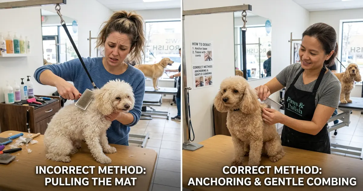 Toy Poodle on a grooming table next to dematting comb and slicker brush
