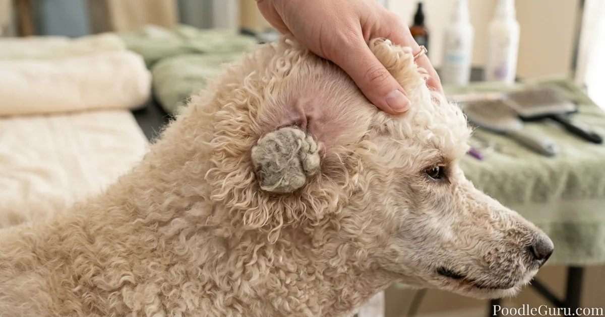 Close-up of matted poodle coat behind the ear before dematting