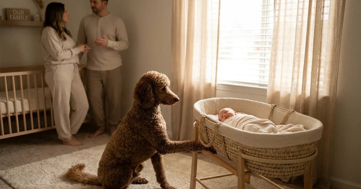 Introducing poodle to new baby safely with a calm Standard Poodle near a supervised baby bassinet