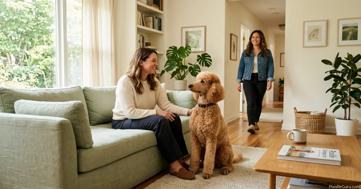 Standard Poodle observing a new person in a calm home setting