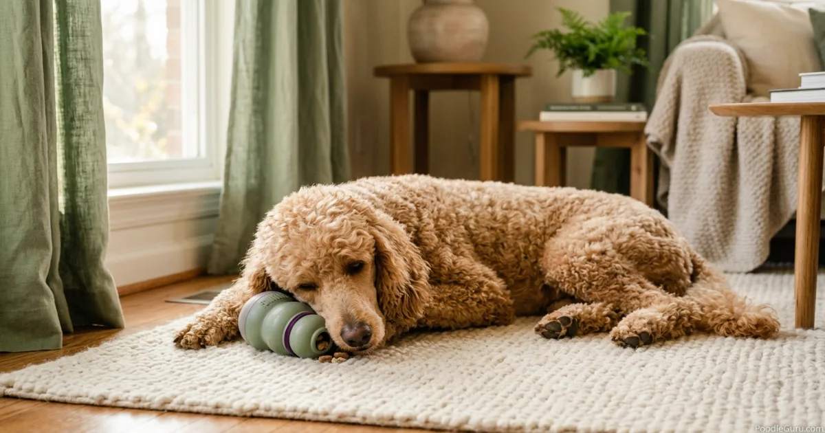 Quiet poodle relaxing with a puzzle toy for mental enrichment