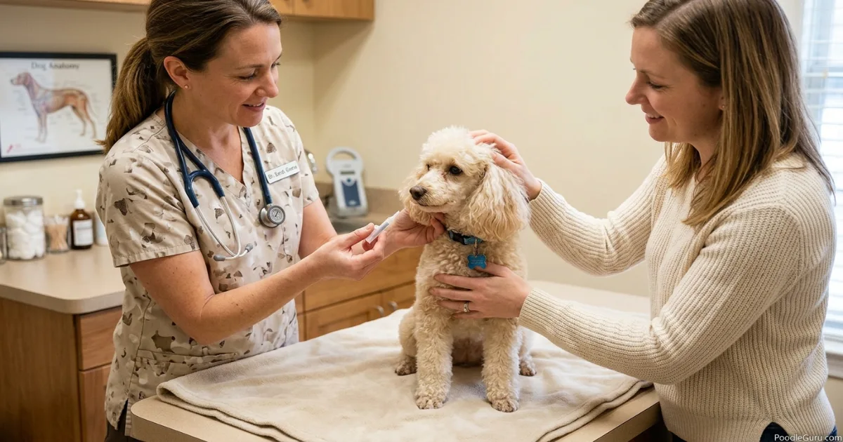 Veterinarian gently preparing to microchip a calm Poodle on an exam table