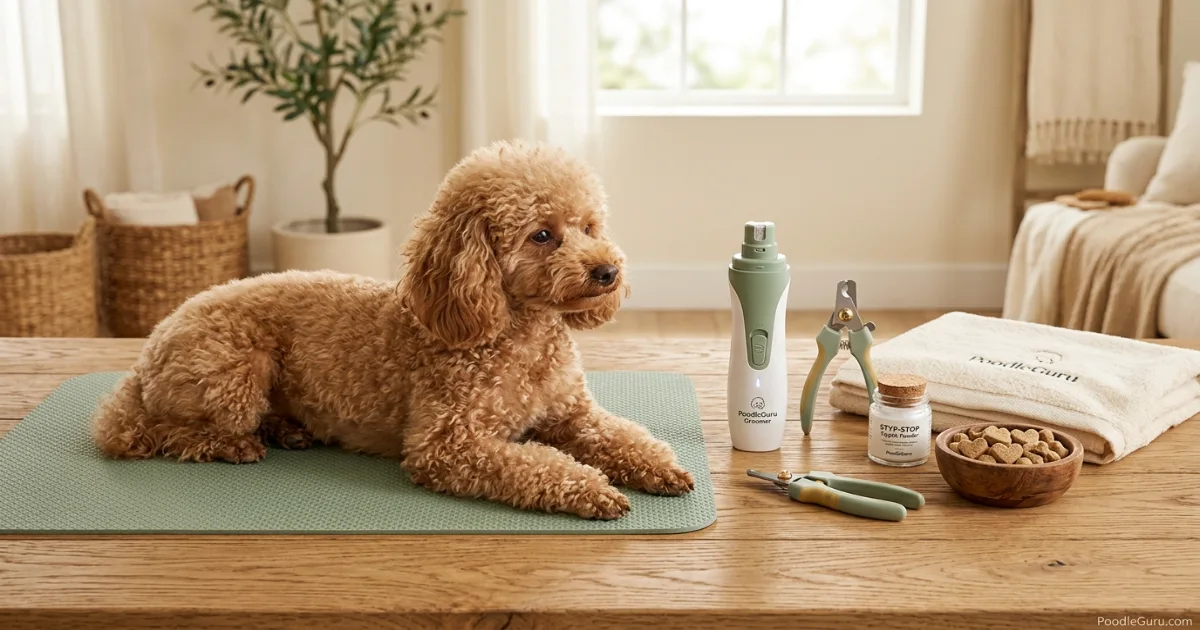 Poodle nail care supplies including dremel clipper treats and non-slip mat