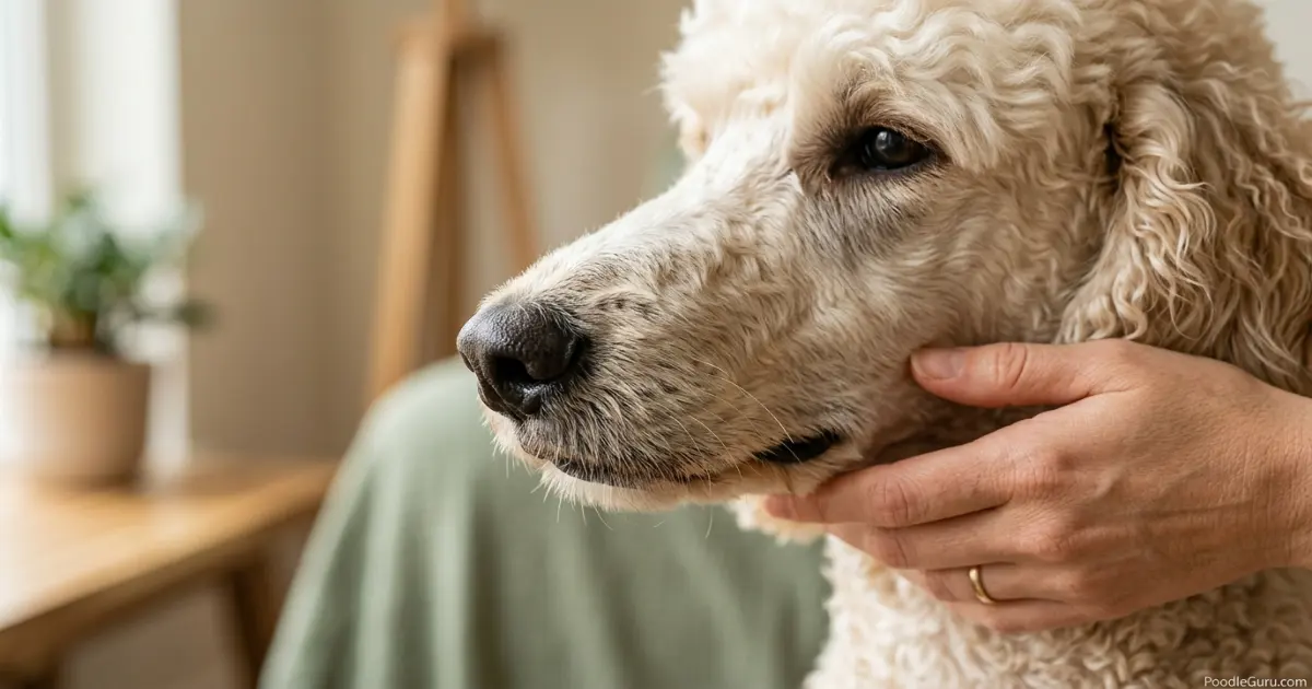 Close-up of a standard poodle's nose and muzzle for nasal health inspection