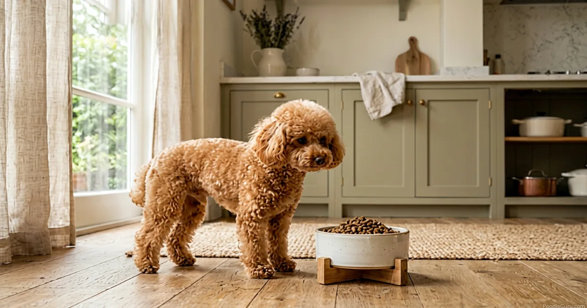 Toy Poodle hesitating near food bowl, illustrating appetite loss