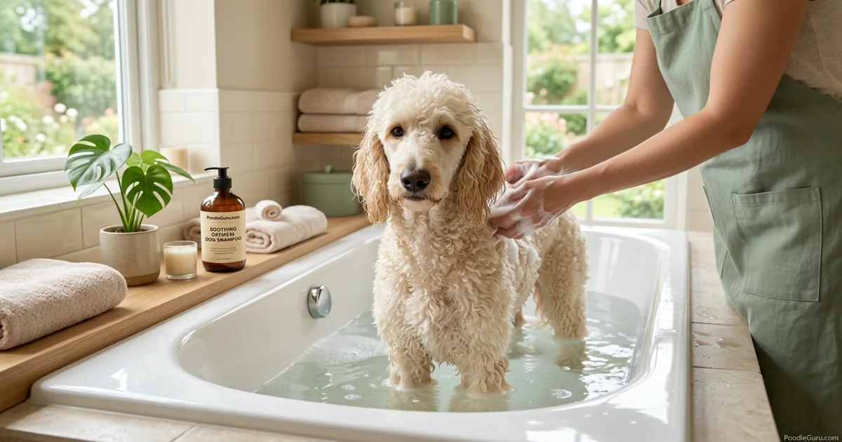 Gentle poodle bath for itchy skin relief with soothing dog shampoo