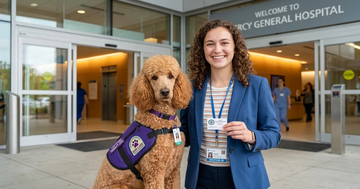 Poodle performing calm sit-stay during therapy dog evaluation