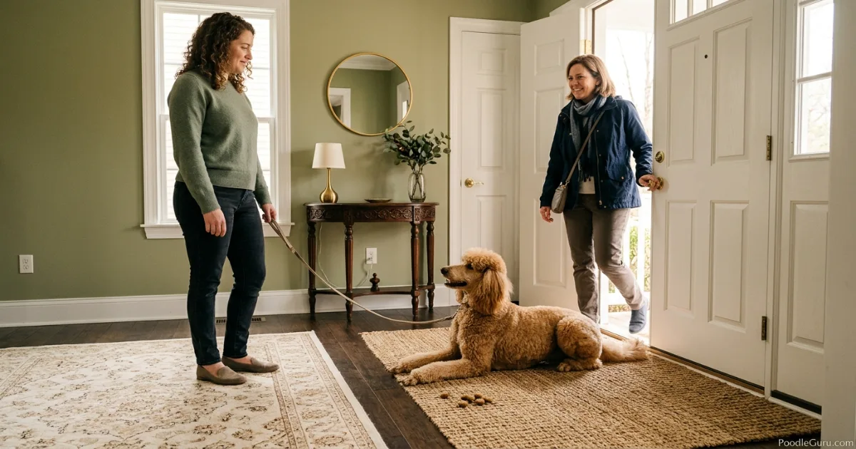 Standard Poodle lying calmly on a mat while a guest enters the home