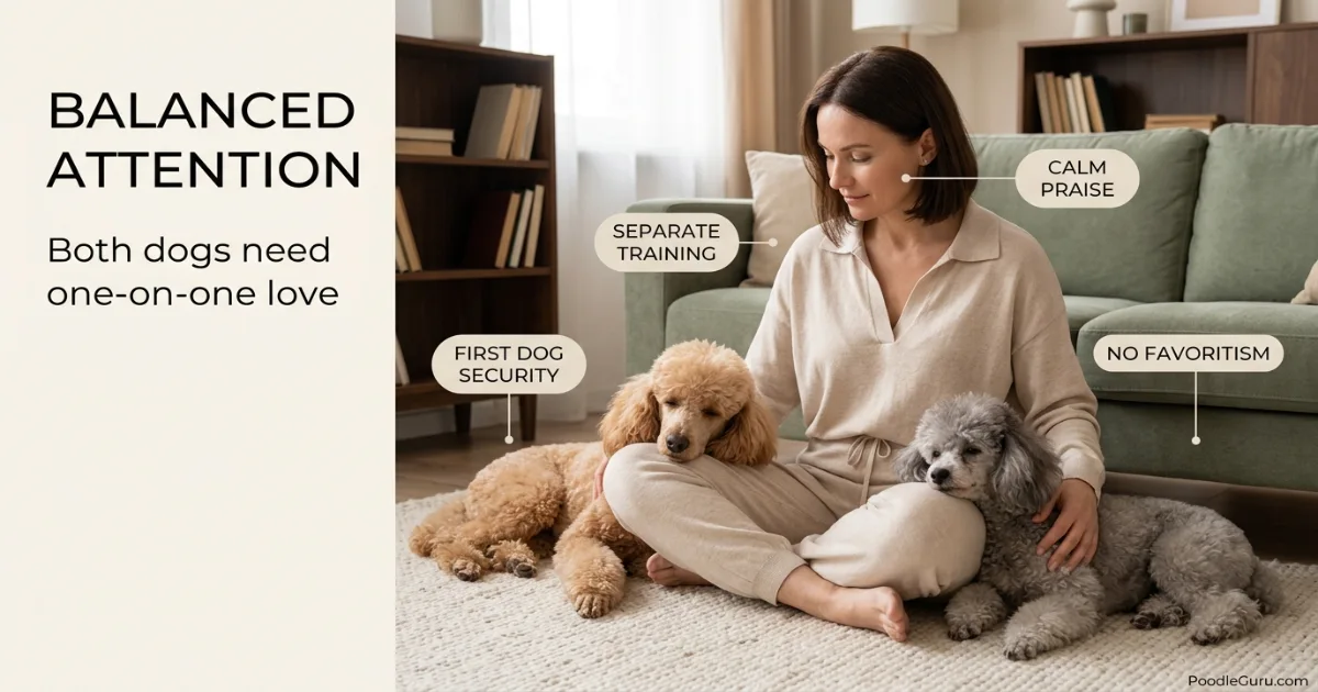 A woman sitting on the floor with a poodle on each side, both leaning into her lap