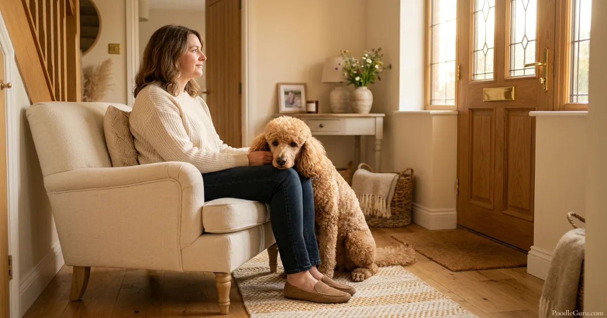 Standard Poodle and owner sharing a calm watchful moment near a front door