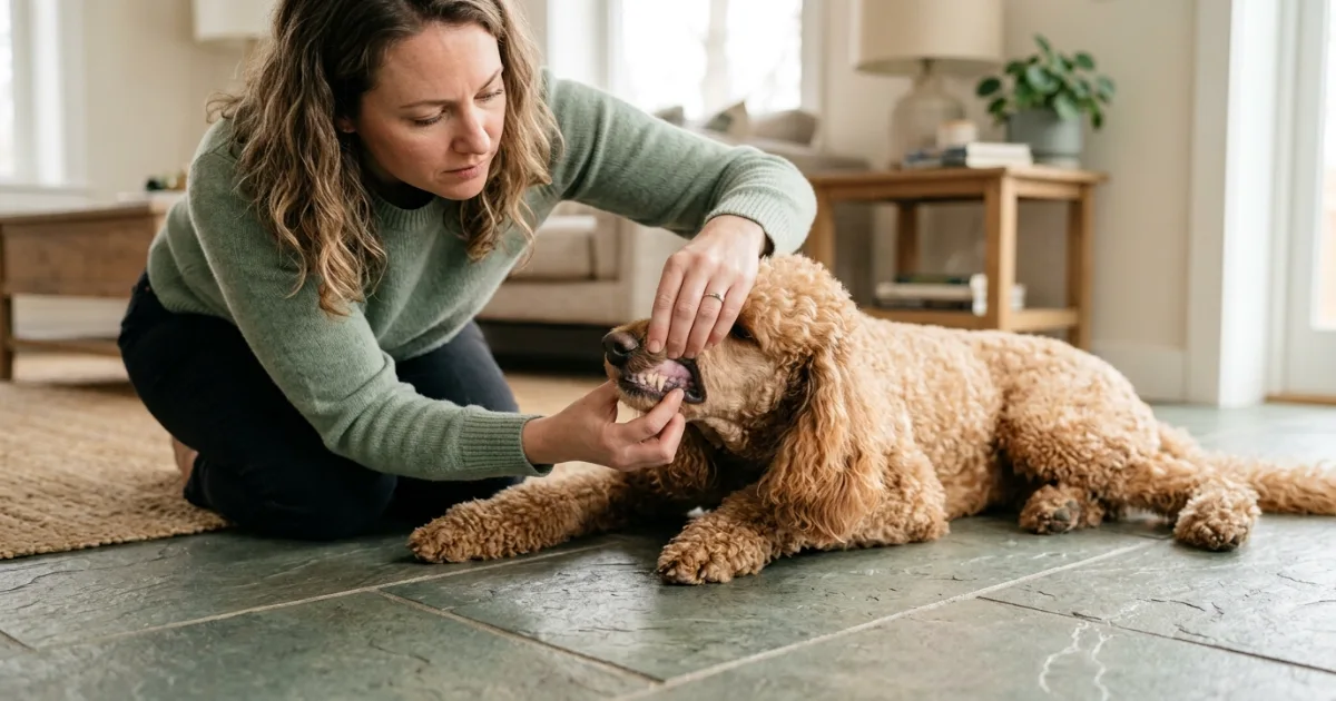 Owner gently checking a standard poodle's gum color during a concerning panting episode