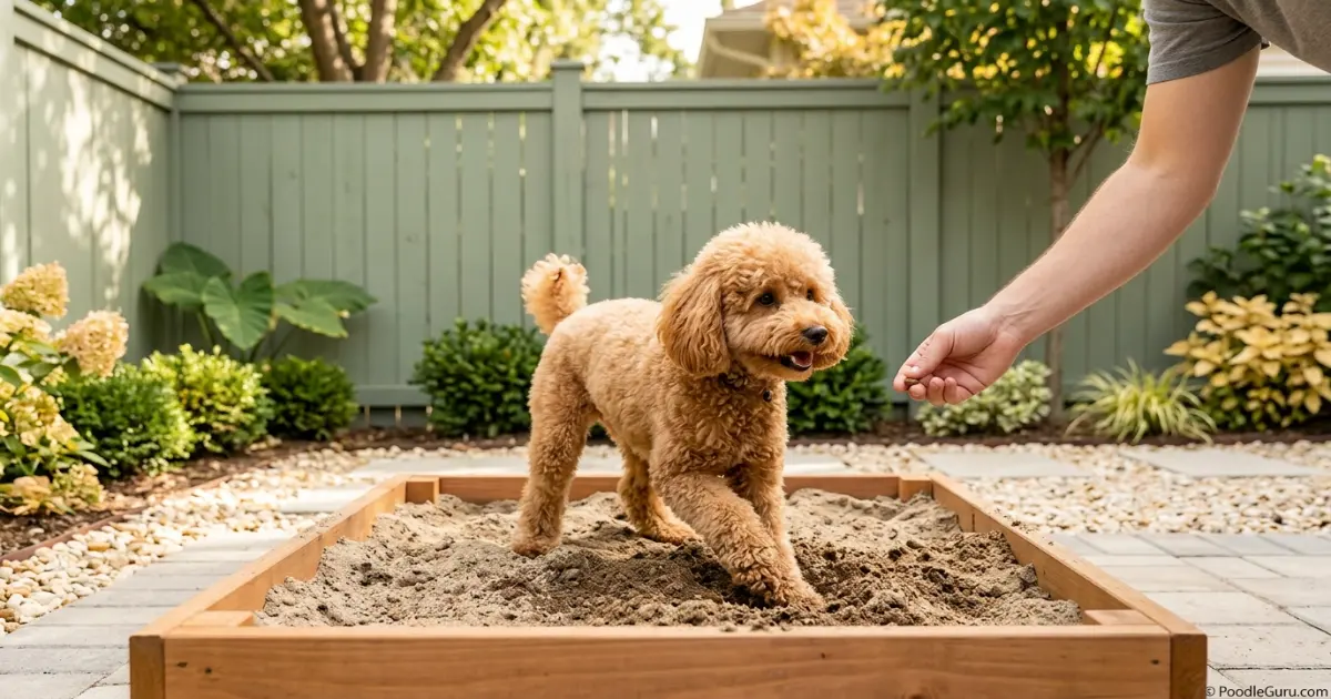 Poodle owner redirecting dog to a dig box with positive reinforcement