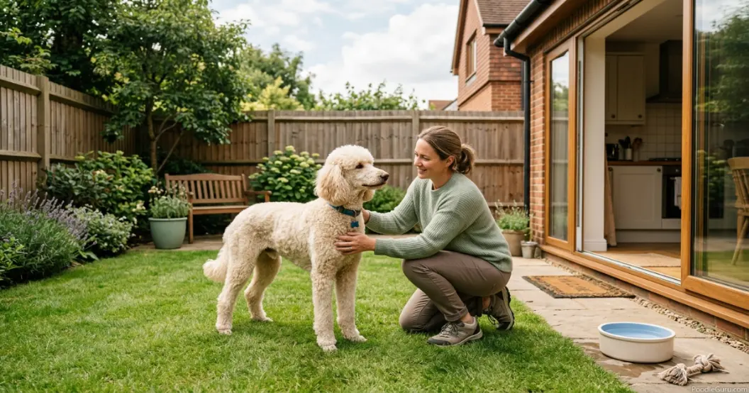 Black Standard Poodle sitting with owner on a garden bench during supervised outdoor time