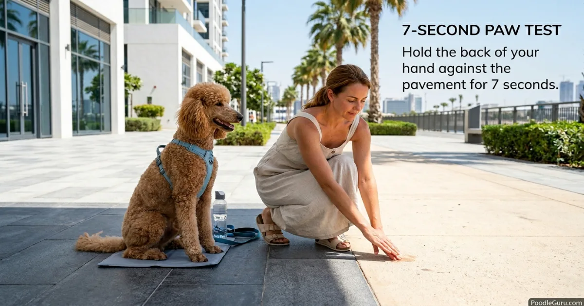 Poodle owner testing hot UAE pavement before a walk