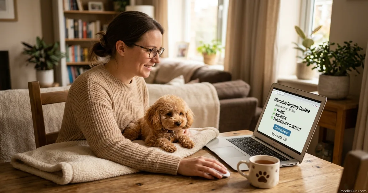Poodle owner updating microchip registration details on a laptop with a Toy Poodle nearby