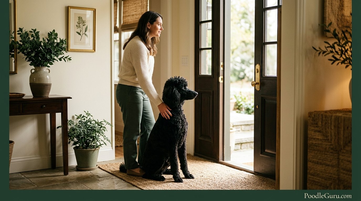Standard Poodle and owner at front door showing calm watchdog partnership