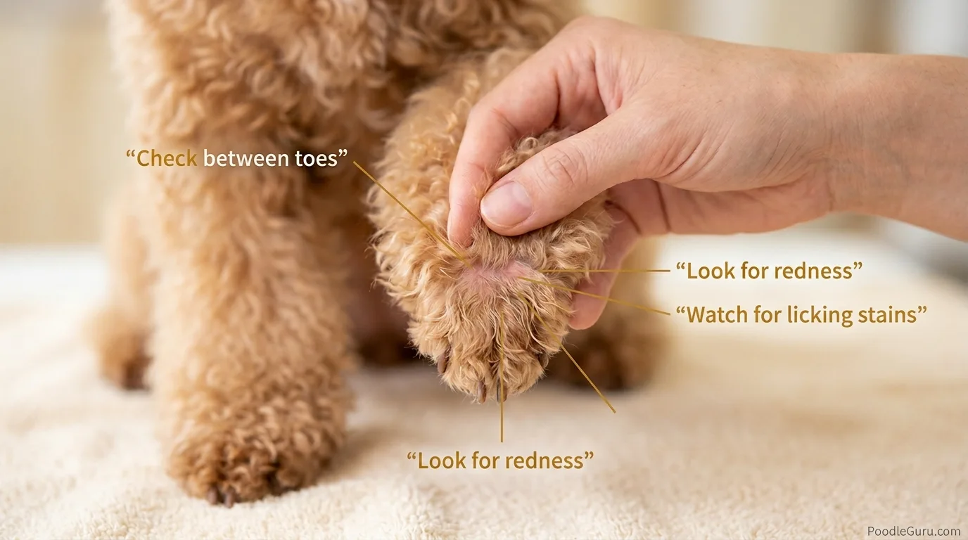 Close up of a poodle paw being checked for chewing irritation and allergies