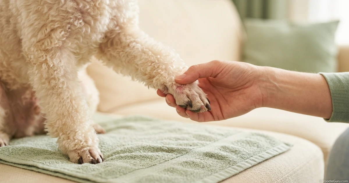 Poodle paw redness inspection for allergy related scratching and licking