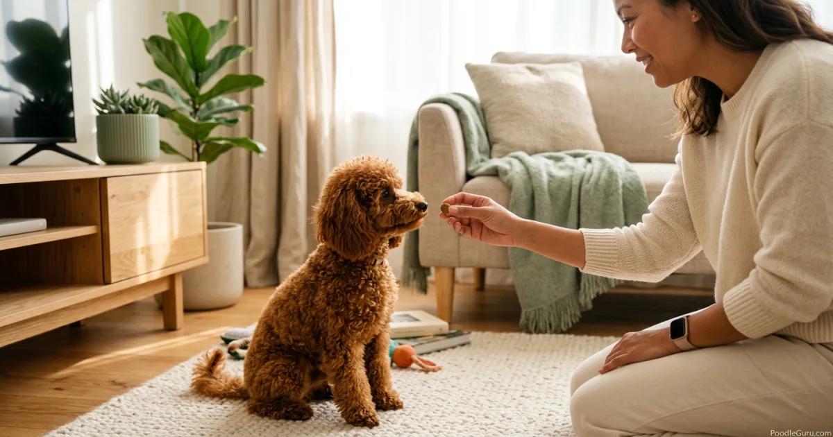 Owner giving a treat to a red Toy Poodle during positive redirection training
