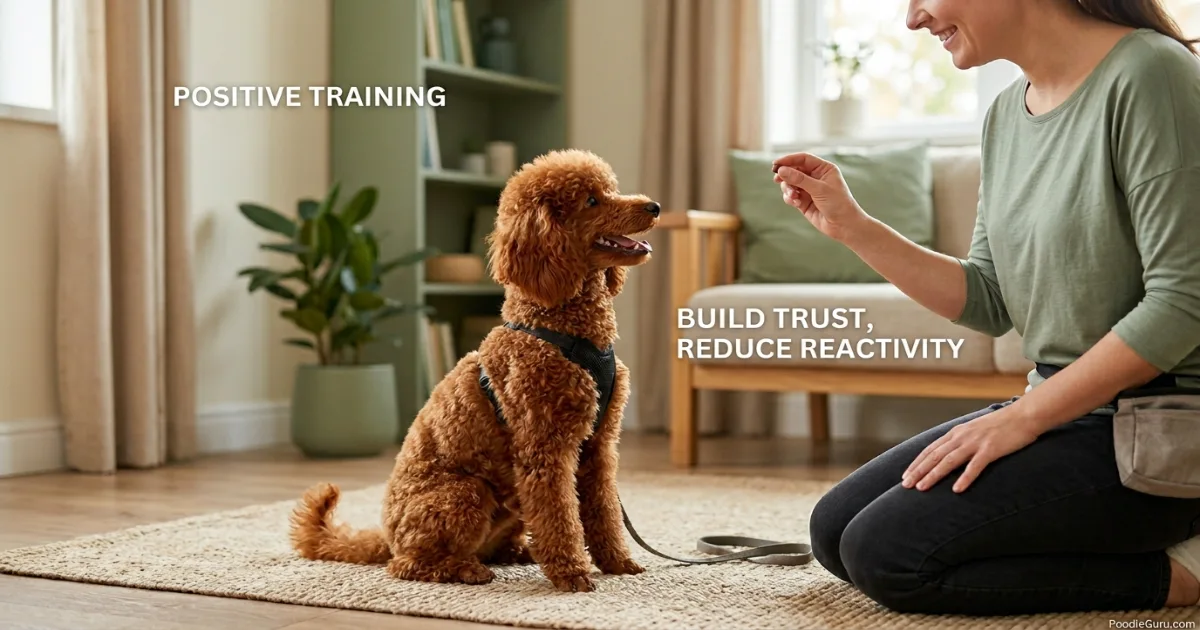Are poodles aggressive? Red Miniature Poodle learning calm behavior with positive reinforcement training