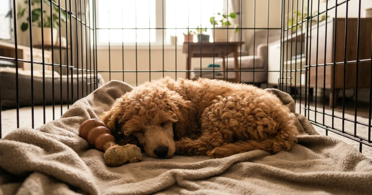 Family member calmly petting a poodle puppy without using hands as toys