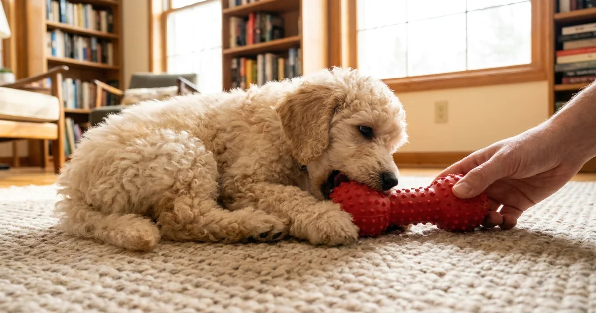 Poodle puppy biting and chewing a safe rubber toy indoors