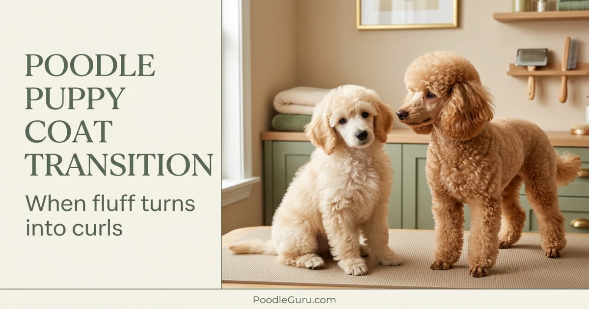 when do Poodles lose their puppy coat hero showing puppy fluff changing into adult curls