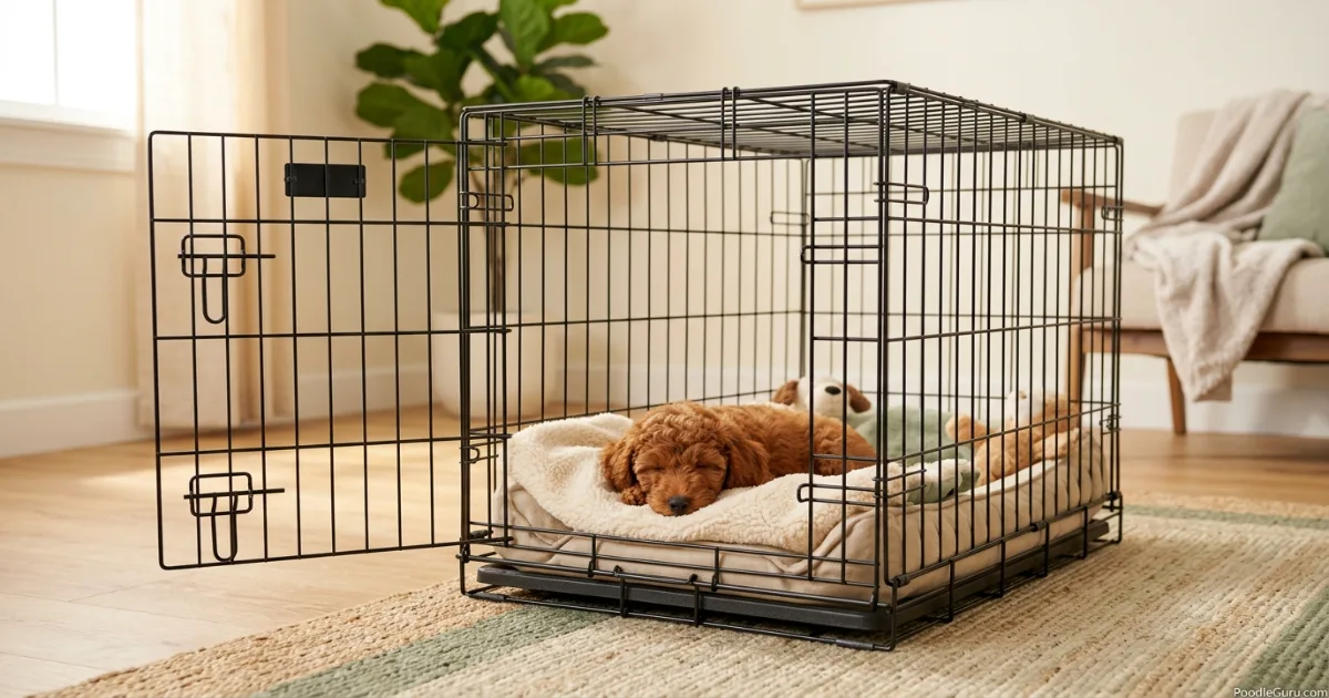 Small poodle puppy sleeping peacefully in a correctly sized crate during potty training