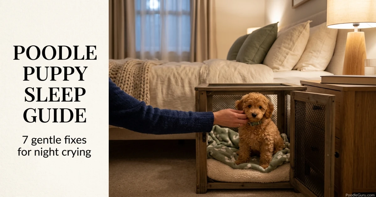 Poodle puppy crying at night beside a cozy bedside crate during the first week home