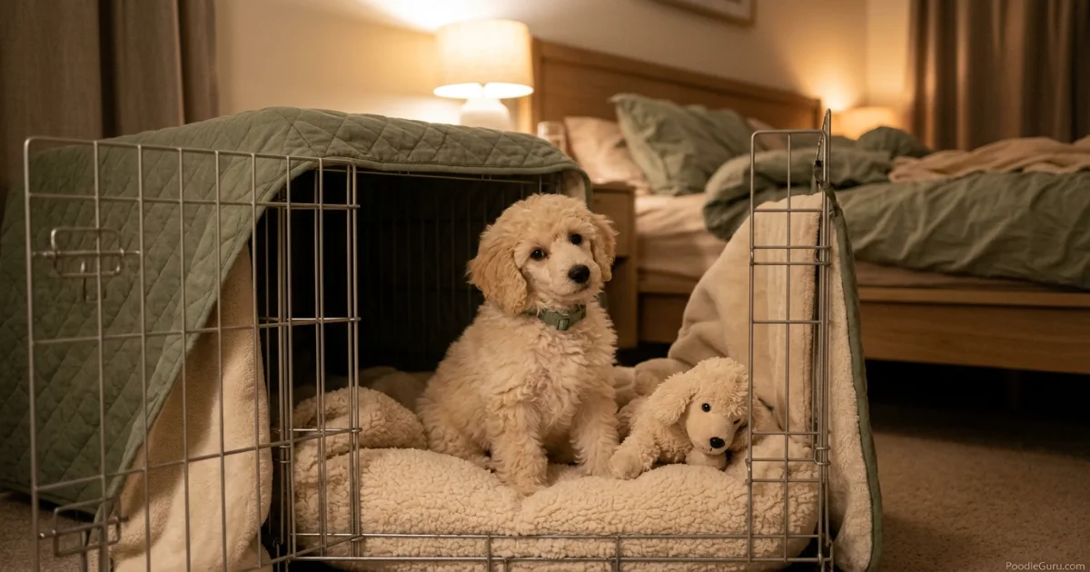 Poodle puppy crying at night in a crate during the first night home