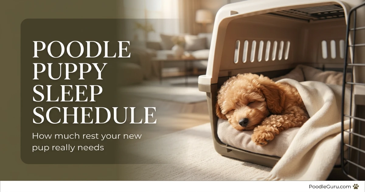Poodle puppy sleep schedule guide showing a puppy sleeping peacefully in a crate with soft bedding