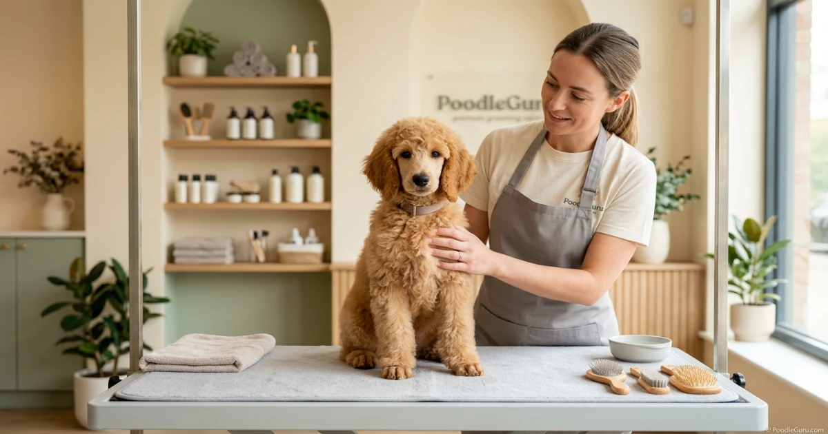 Standard Poodle puppy having a calm first introduction to a professional groomer