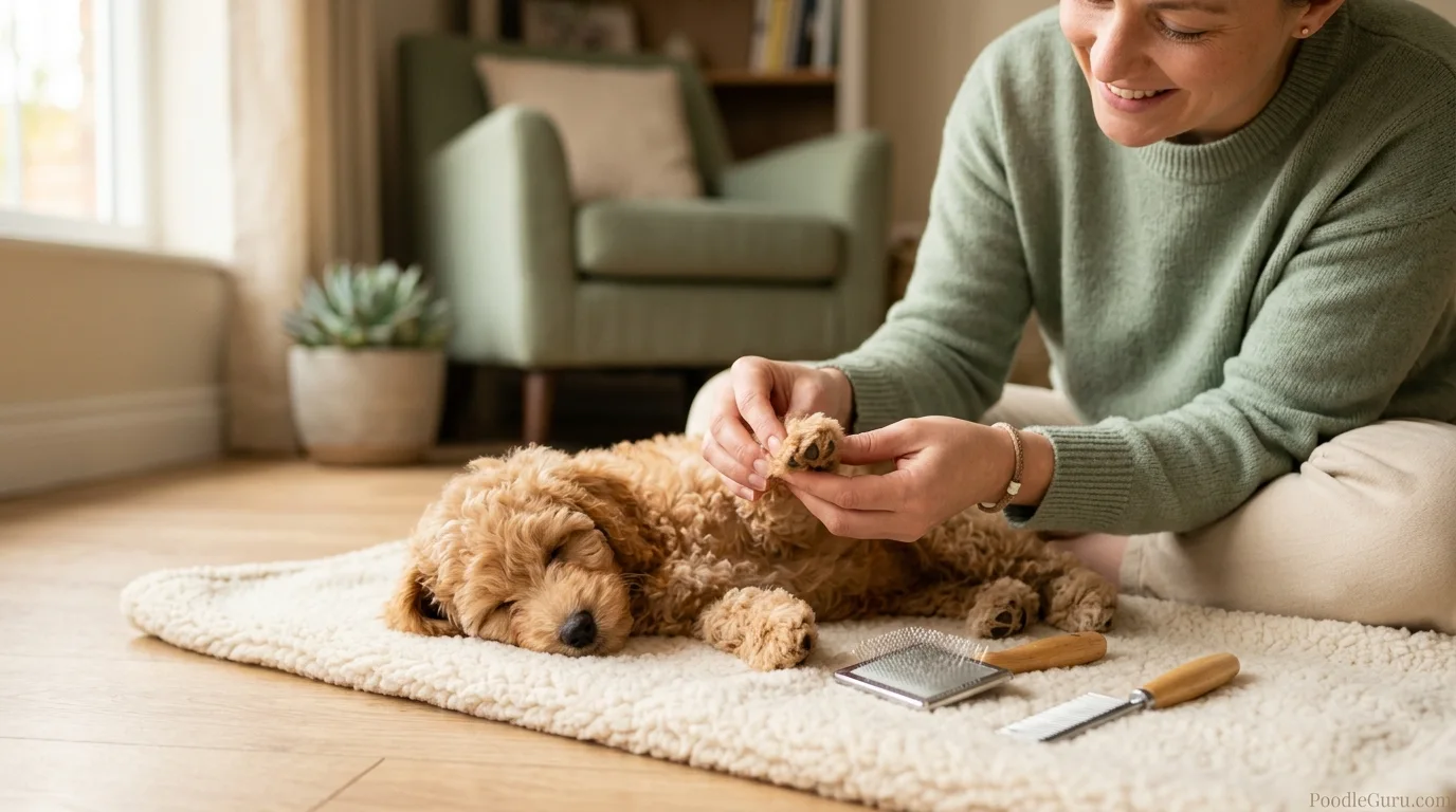Poodle puppy socialization timeline grooming desensitization with gentle paw handling during the 8 to 10 week window
