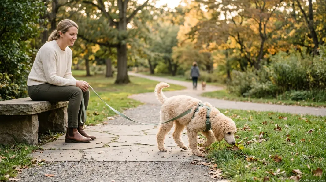 Poodle puppy socialization timeline outdoor exposure with a calm puppy exploring a new environment on leash