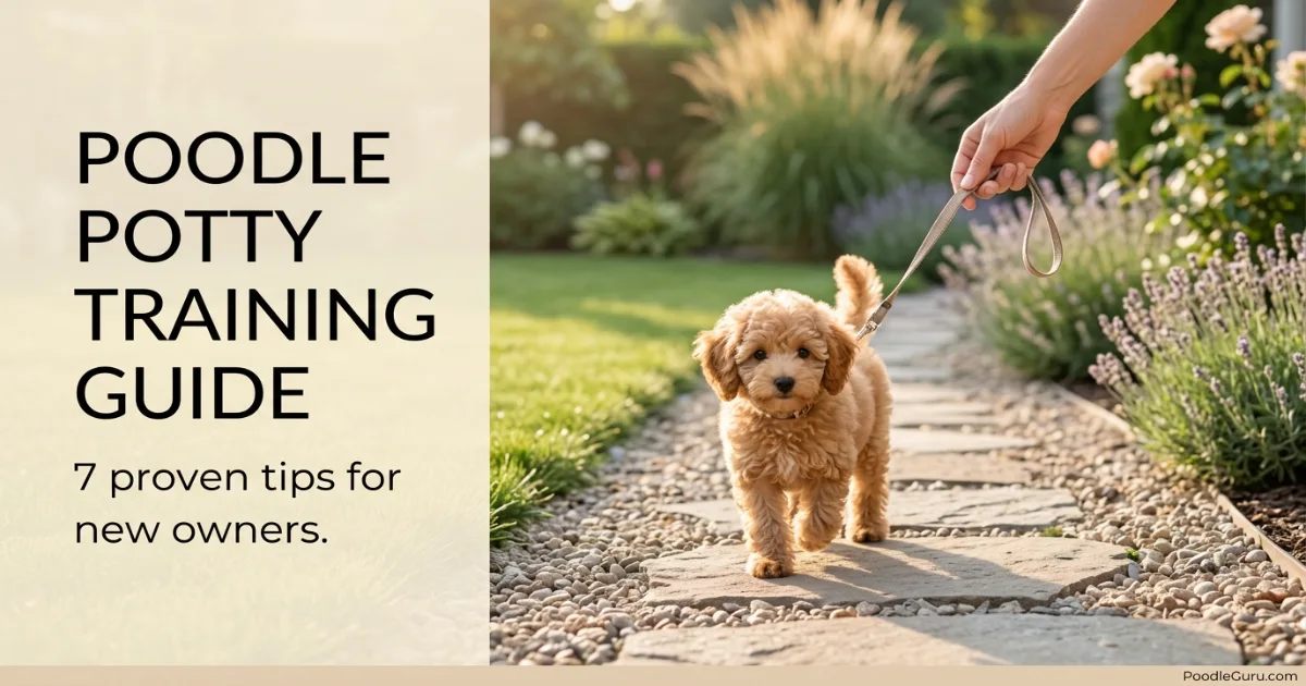 Apricot Toy Poodle puppy being taken outside on a leash for poodle potty training in early morning light