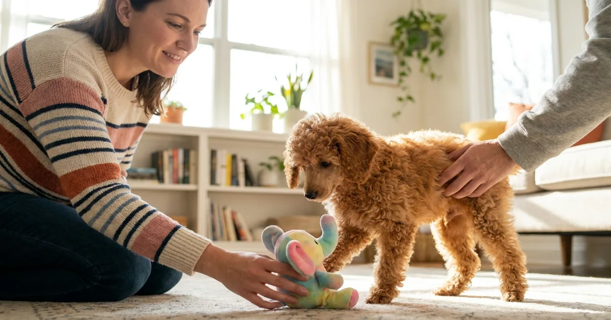 Owner redirecting poodle puppy biting onto a plush chew toy
