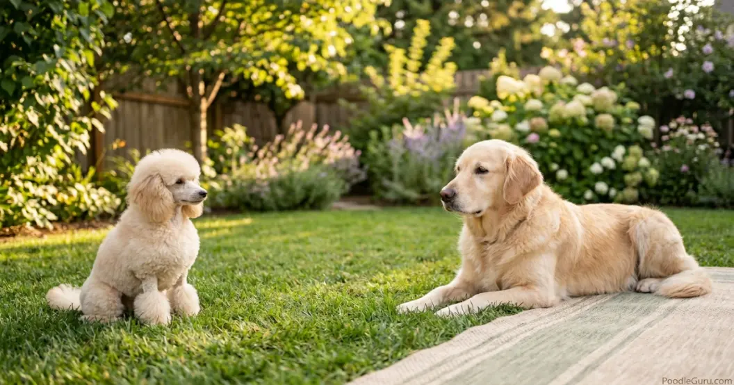 Toy Poodle puppy socializing calmly with a larger dog in a backyard
