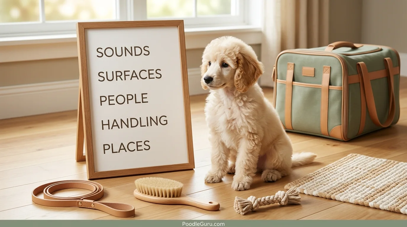 Poodle puppy socialization timeline checklist for surfaces sounds people handling and safe places