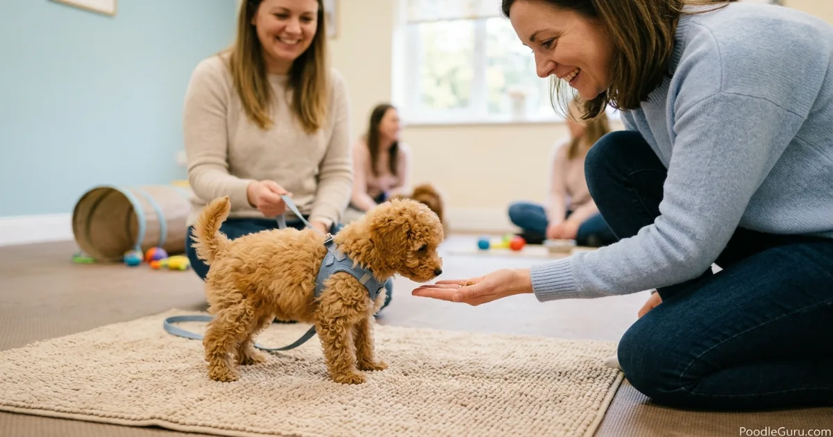 Toy Poodle puppy meeting a new person in a controlled, positive setting