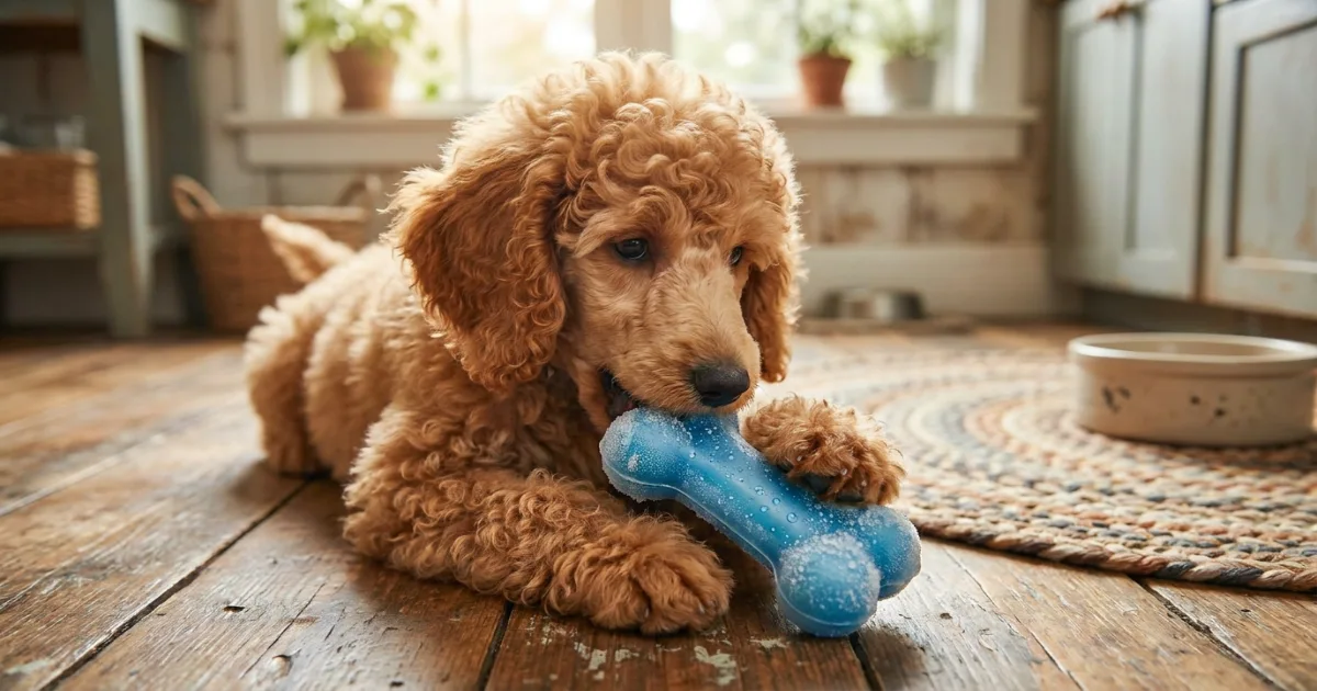 Poodle puppy with a frozen teething toy for biting relief
