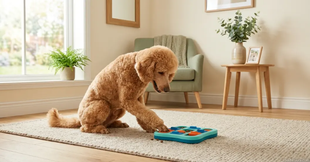 Standard Poodle using a puzzle feeder toy indoors in natural light