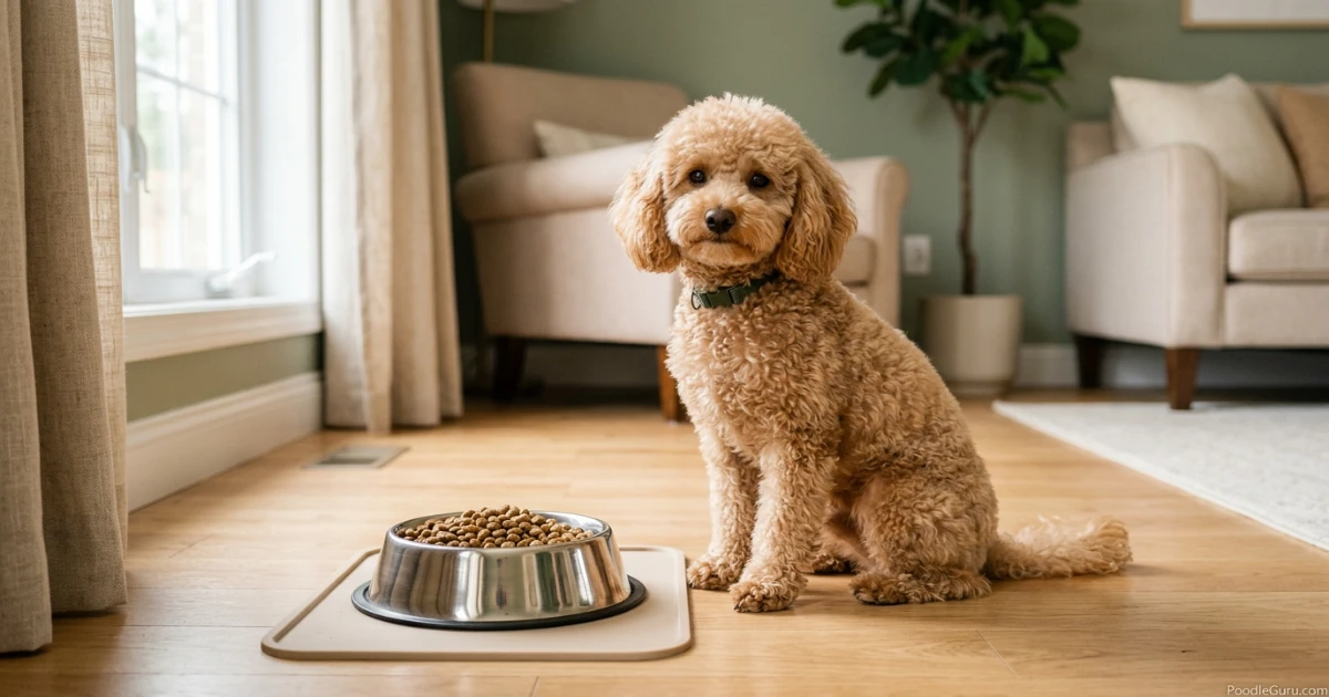 Miniature Poodle beside a full food bowl, showing disinterest in eating