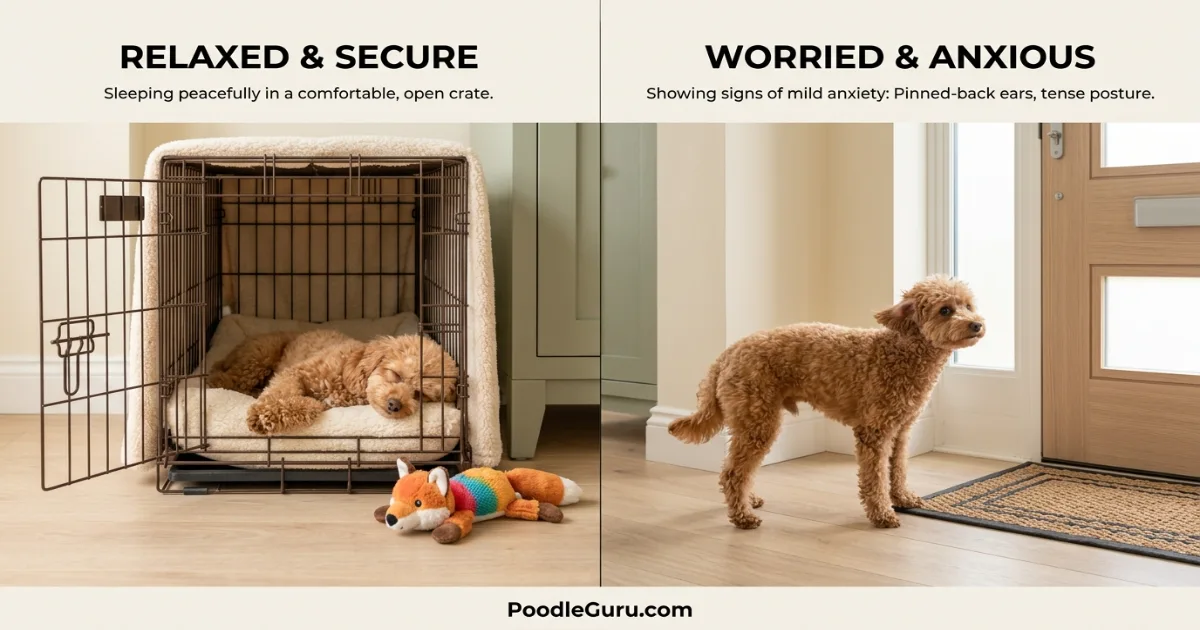 Miniature poodle resting calmly on a sofa while home alone, waiting for owner
