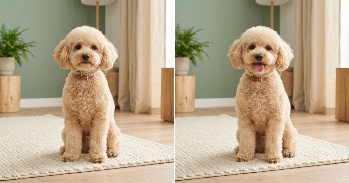 Toy poodle comparison showing relaxed closed-mouth pose versus panting after exercise